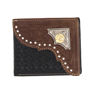 Cartera corta de cuero genuino West Star Texas con tachuelas en caja de regalo - Cartera de cuero plegable estilo occidental con tejido en relieve y cabeza de caballo tachonada
