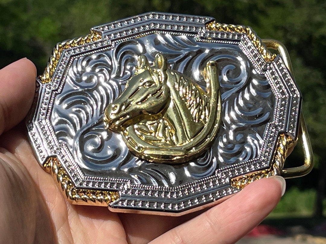 Western Belt Buckle: Gold Silver Horse Head Horseshoe, 2  display picture 3