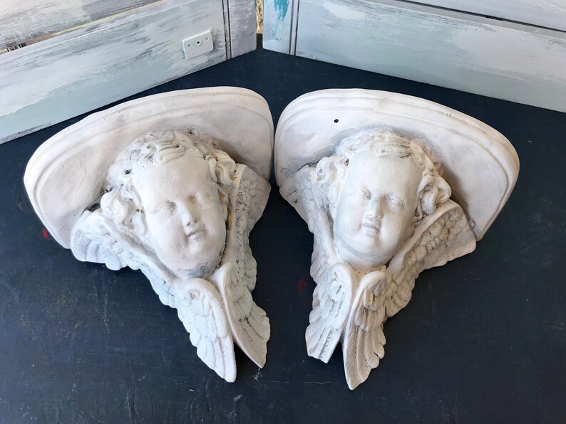 White Plaster Shabby Chic Cherub Shelves Angel Sconces image 0