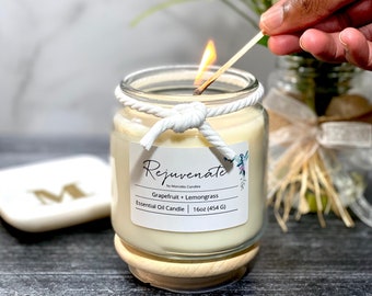 Rejuvenate Candle, 16oz Grapefruit & Lemongrass Essential Oil Candle, Hand-Poured Aromatherapy Candle, Made with 100% Soy Wax