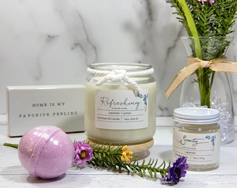 Self Care Box Set  - Aromatherapy Candle, Refreshing Lavender Spa Set Includes 16oz Lavender Candle, Dead Sea Salts, & Lavender Bath Bomb