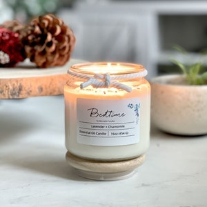Bedtime Candle - Lavender + Chamomile Candle, Lavender Candle Set Includes 16oz Lavender Candle, Mini Scented Candle, & a Set of Matches