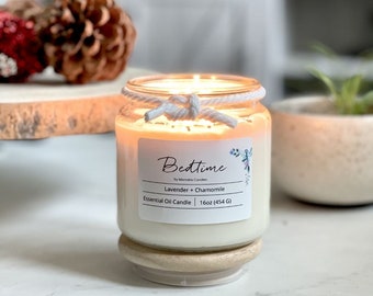 Bedtime Candle - Lavender + Chamomile Candle, Lavender Candle Set Includes 16oz Lavender Candle, Mini Scented Candle, & a Set of Matches