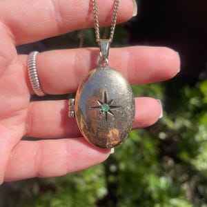 Emerald Brass Locket with Starburst Detail, Magnetic Closure Necklace