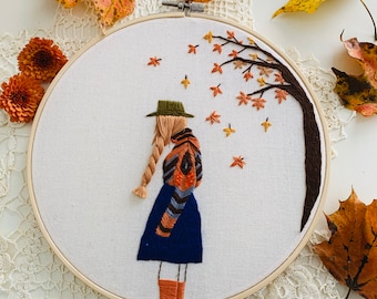 Hand embroidered Autumn Girl- EMbroidery HOop art- AUtumn WAll ARt - 3D embroidery