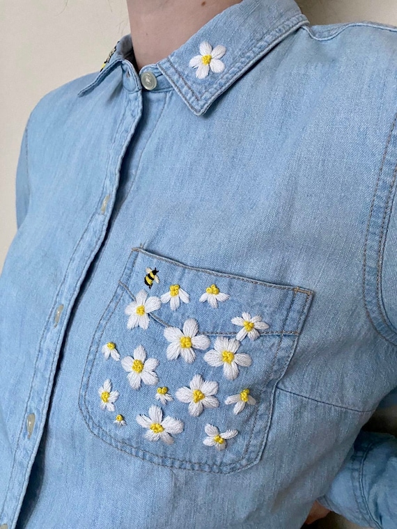 Camisa de mujer bordada a mano camisa de bordado floral cuello