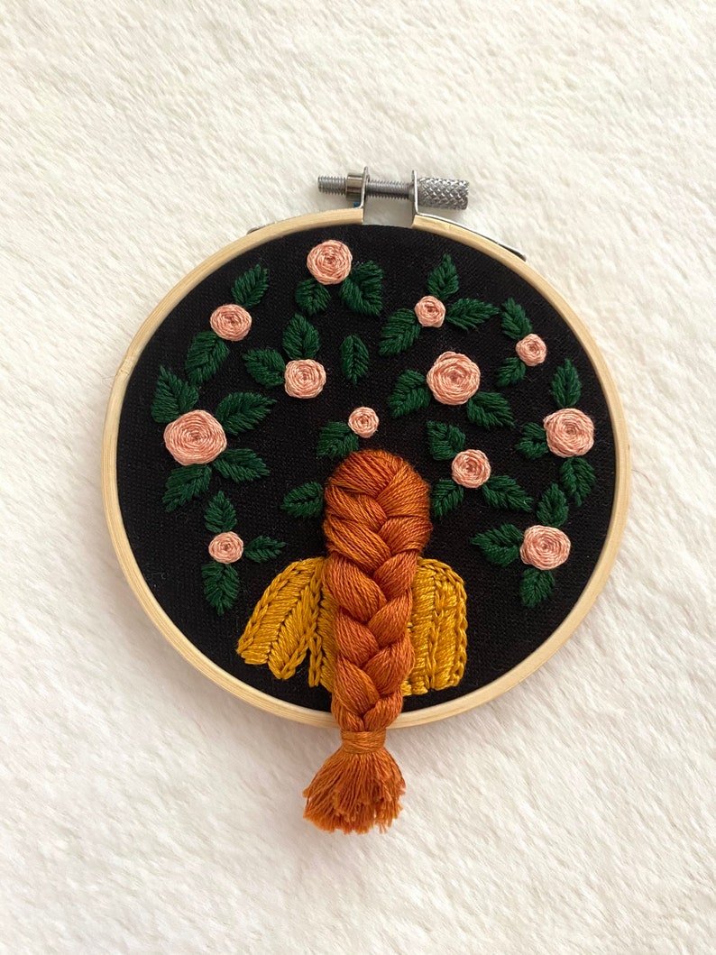 Embroidery hoop embroidery hoop art hair handmade embroidery brown embroidered hair image 1