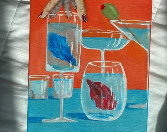 Betta fish in the glass , original acrylic painting on canvas, ready to hang, 10”x 8”