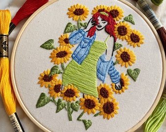 Handmade Embroidered Sunflowers & girl- embroidery hoop art- handmade embroidery wall decor- fashion girl embroidery