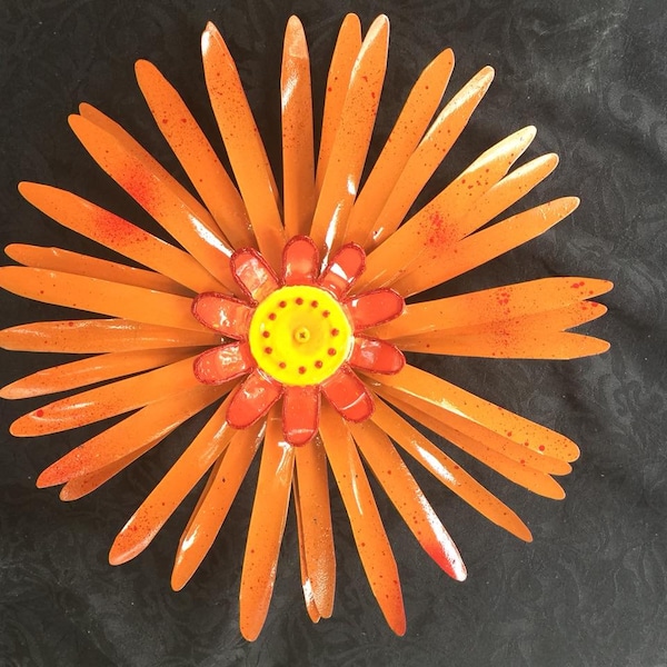 Tangerine Orange Gerbera Inspired Upcycled 13 inch Tin Flower with Embellished Centre| Rustic Handmade Garden Art | Outdoor + Indoor Decor