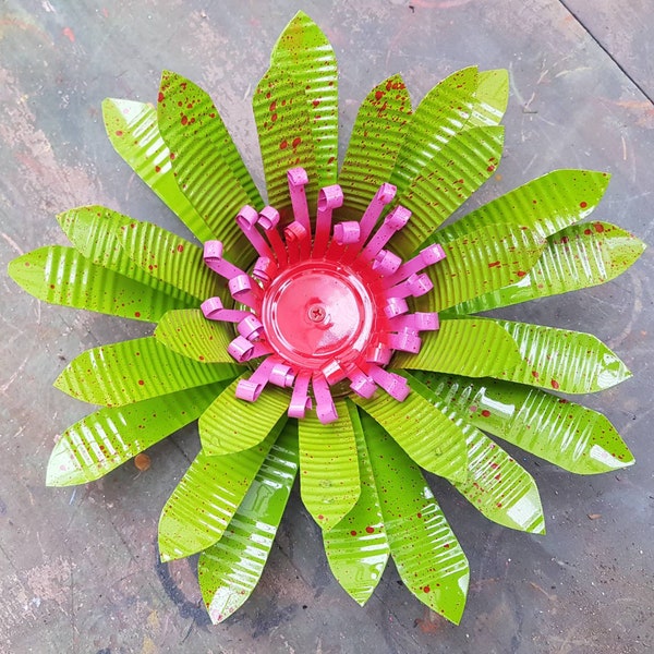 Lime Green & Pink Bromeliad Inspired Upcycled 9 inch Tin Flower | Rustic Handmade Garden Art | Outdoor + Indoor Decor