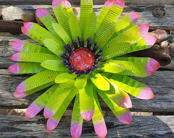 Lime Green & Pink Bromeliad Inspired Upcycled 12 inch Tin Flower | Rustic Handmade Garden Art | Outdoor + Indoor Decor