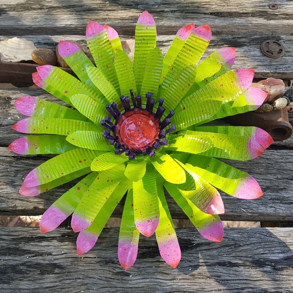 Lime Green & Pink Bromeliad Inspired Upcycled 12 inch Tin Flower | Rustic Handmade Garden Art | Outdoor + Indoor Decor