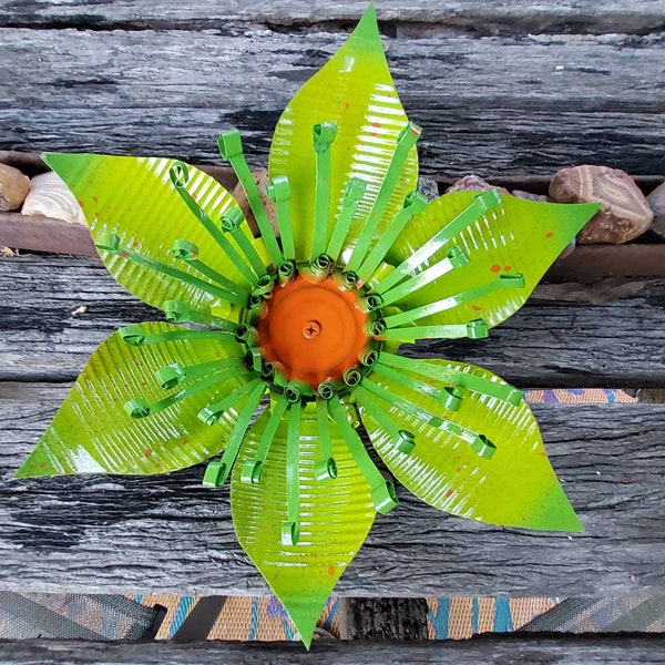 Lime & Avocado Lily Inspired Upcycled 9 inch Tin Flower | Rustic Handmade Garden Art | Outdoor + Indoor Decor