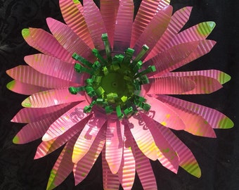 Cotton Candy Pink Bromeliad Inspired Upcycled 12 inch Tin Flower | Rustic Handmade Garden Art | Outdoor + Indoor Decor