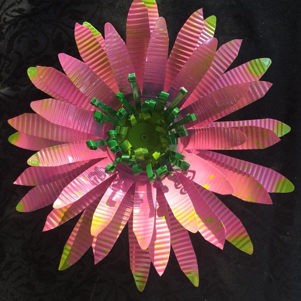 Cotton Candy Pink Bromeliad Inspired Upcycled 12 inch Tin Flower | Rustic Handmade Garden Art | Outdoor + Indoor Decor