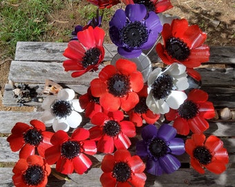 Red, White or Purple Poppy Inspired Upcycled 8 or 12 inch Tin Flower | Rustic Handmade Garden Art | Outdoor + Indoor Decor