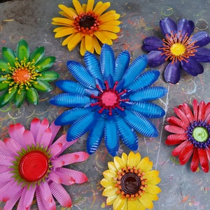 The New Rainbow Collection. A large and colourful set of 7 upcycled metal flowers| Rustic Handmade Garden Art | Outdoor + Indoor Decor