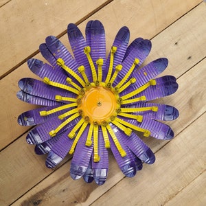 Plum Purple, Violet, Mango & Yellow Daisy Inspired 10 inch Upcycled Tin Flower | Rustic Handmade Garden Art | Outdoor + Indoor Decor