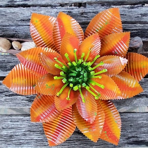 Tangerine Orange & Mango Bromeliad Inspired Upcycled 13 inch Tin Flower with ZigzagEdge| Rustic Handmade Garden Art | Outdoor + Indoor Decor