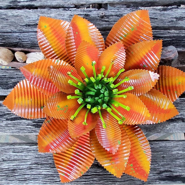 Tangerine Orange & Mango Bromeliad Inspired Upcycled 13 inch Tin Flower with ZigzagEdge| Rustic Handmade Garden Art | Outdoor + Indoor Decor