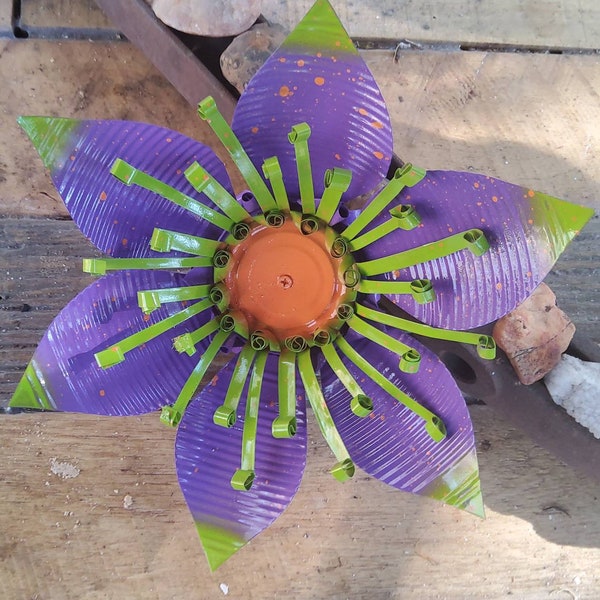 Purple & Lime Green Lily Inspired Upcycled 9 inch Tin Flower | Rustic Handmade Garden Art | Outdoor + Indoor Decor