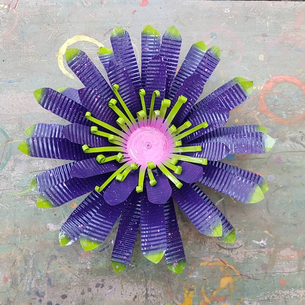 Plum Purple & Pink Bromeliad Inspired Upcycled 9 inch Tin Flower | Rustic Handmade Garden Art | Outdoor + Indoor Decor