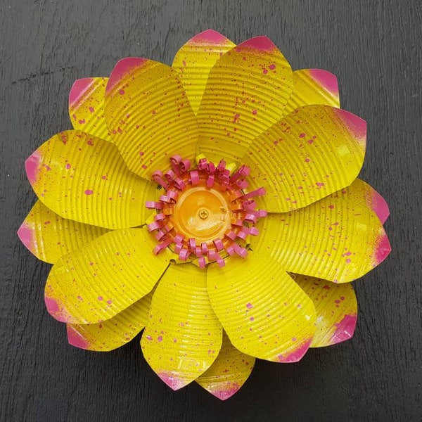 Lemon Yellow and Pink 10 inch Rose Inspired Upcycled Tin Flower| Rustic Handmade Garden Art | Outdoor + Indoor Decor