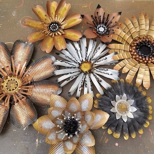 The Supersize Steampunk Collection. 7 Upcycled Metal Flowers with Glitter & Beads| Rustic Handmade Garden Art | Outdoor + Indoor Decor