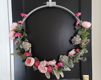Front Door Hoop Wreath, Mother's Day Gift, Pink Boho Hoop Wreath, Spring Front Door Decor, Spring Porch Decor, Spring Gray Wreath
