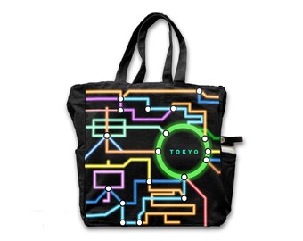 TOKYO METRO Thick tote bag (4 pockets 12oz 100% Cotton Black Canvas Shopping Street Everyday Bag Japanese Japan JR station train map)