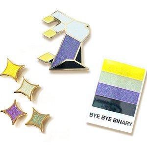 Non Binary Enamel 3 Pin bundle | Purple Yellow White Grey agender bigender androgynous fluid Glitter Board Filler pride enby flag colors
