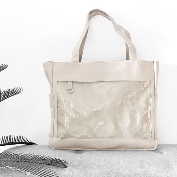 ITA Canvas Beige Bag (Tote with Pin Window) | Shoulder Bag Purse Window Messenger  Clear Storage