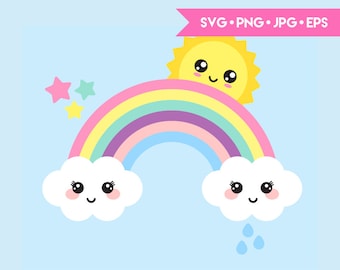 Cute rainbow clouds sun and stars SVG cut file for Cricut and Silhouette. Digital clipart, vector graphics.