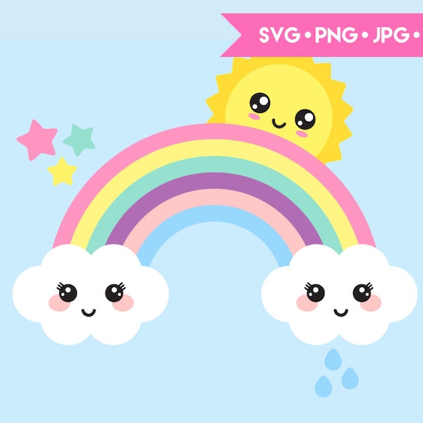 Cute rainbow clouds sun and stars SVG cut file for Cricut and Silhouette. Digital clipart, vector graphics.