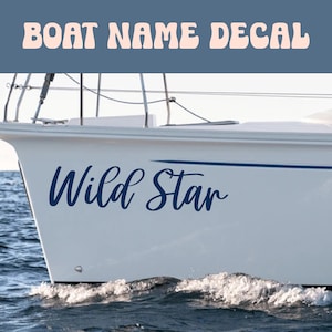 May include: A white boat with the name "Wild Star" written in blue cursive lettering on the side. The boat is in the water with blue waves.