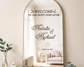 Wedding mirror welcome sign, Custom elegant vinyl decal with names to use on glass