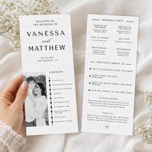 May include: A white wedding program card featuring black text and a black-and-white photograph of a couple. The front displays the names Vanessa and Matthew, the date 05.24.2027, a ceremony timeline, and a section for the wedding party and fun facts.