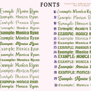 May include: A font selection chart featuring thirty numbered options displayed in dark green text on a light pink background. Each entry shows the word Example followed by the name Monica Ryan in a unique typeface, with the header FONTS.
