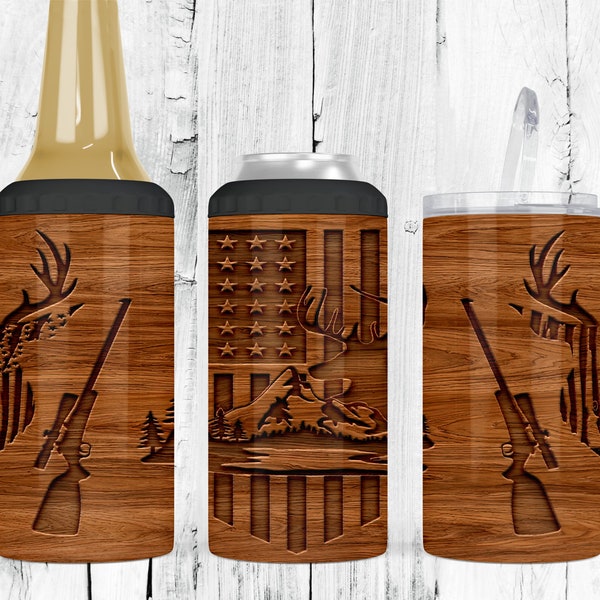 4 in 1 ~ 16oz Can Cooler Tumbler ~ Woodgrain Flag Hunting deer