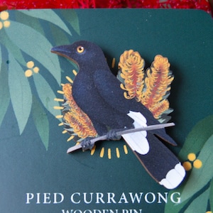 Pied Currawong Wooden Pin | Natural Wooden Pin | Australian Made | Original Artist pin