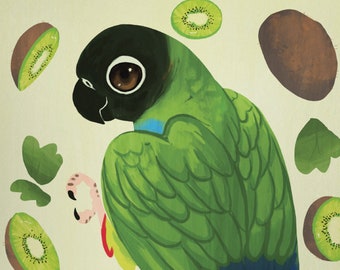 May include: A green and blue parrot with a black head and beak is surrounded by kiwi fruit slices. The parrot has a long tail and is perched on a branch.