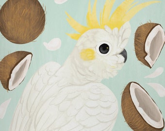 May include: A white cockatoo with a yellow crest stands on a light blue background surrounded by brown coconuts. The coconuts are whole, halved, and in pieces.