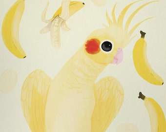 May include: A yellow cockatiel with red eyes sits on a white background with yellow bananas scattered around it.
