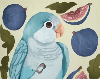May include: A light blue parakeet with a white chest and a light blue tail sits on a branch with green leaves and purple figs.