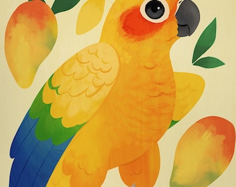 Sun Conure Art Print: Tropical Bird & Mango Giclee