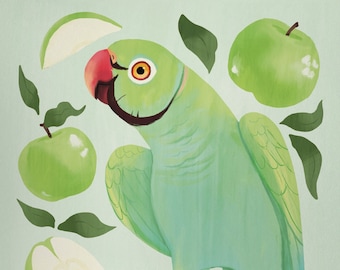 May include: A green parakeet with a blue tail sits on a branch with green apples. The parakeet has a red beak and a white ring around its eye.