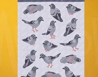 May include: A sheet of stickers featuring 14 illustrations of grey rock doves in various poses. The stickers are titled "Lil Stickers rock dove pigeon".