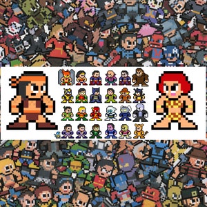 Puede incluir: Una ilustración digital de varios personajes de superhéroes en un estilo pixelado. Los personajes están dispuestos en filas y columnas, con algunos personajes resaltados en el centro. Los personajes resaltados incluyen un personaje masculino de piel morena con una diadema y un personaje femenino de pelo rojo que lleva un bikini marrón.