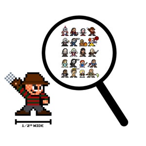 May include: A pixel art illustration of Freddy Krueger from the film A Nightmare on Elm Street. He is wearing a red and green striped sweater, a brown hat, and a glove with a razor blade. The illustration is 1/2 inch wide.